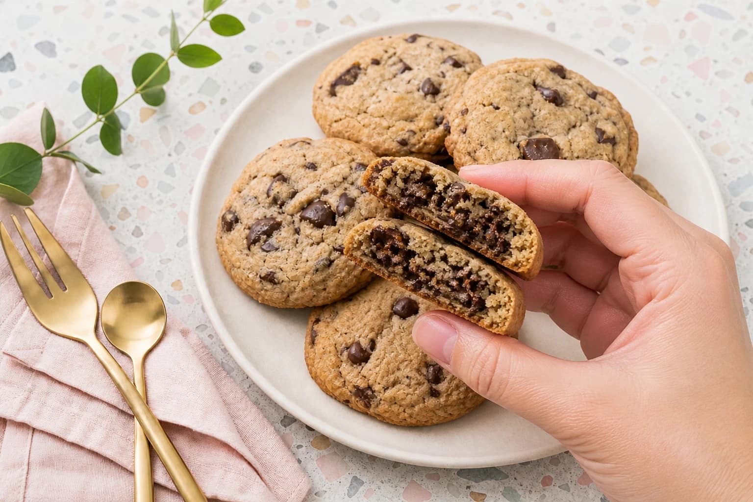 Cookie coupé en deux montrant la mie moelleuse et le chocolat fondu
