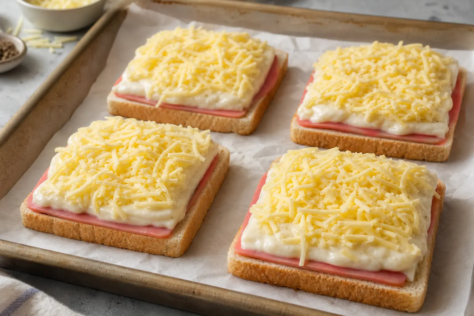 Monter les croques avec béchamel, jambon et fromage végétaux