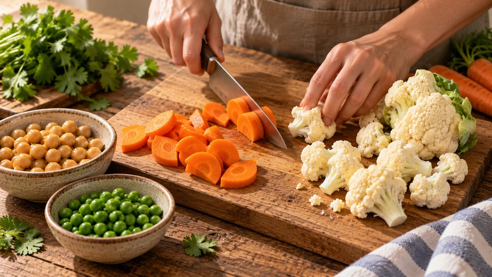 Carottes et chou-fleur préparés avant la cuisson du curry
