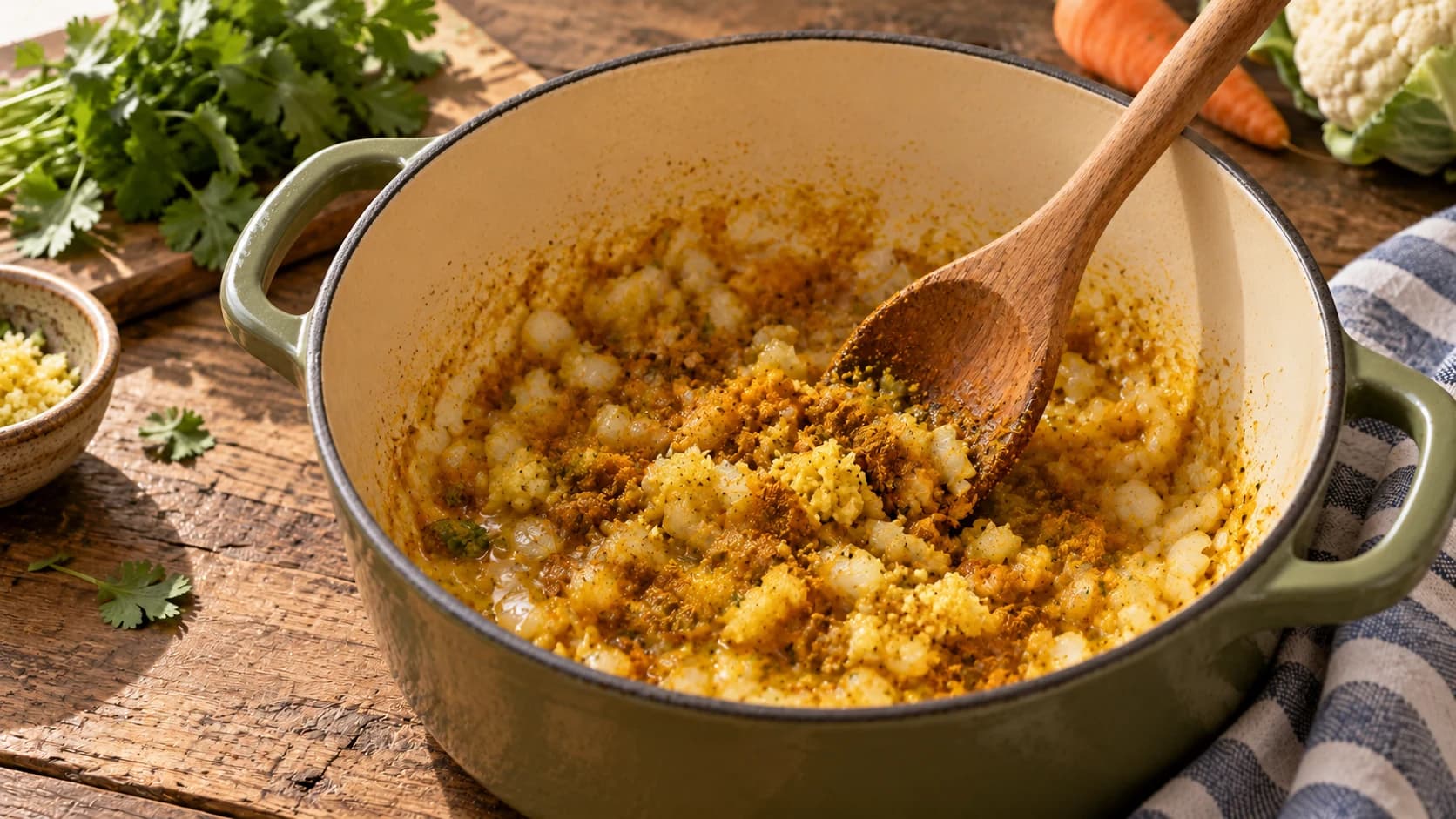 Oignon, gingembre et épices douces chauffés dans la cocotte