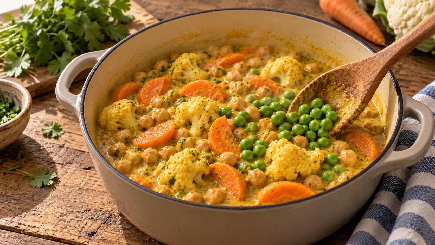 Légumes et pois chiches mijotant dans la sauce curry coco
