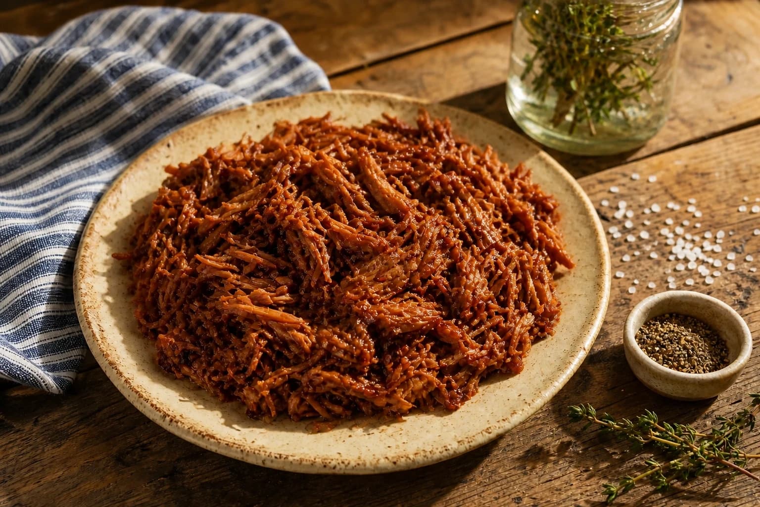 Effiloché de jackfruit qui mijote dans la sauce barbecue