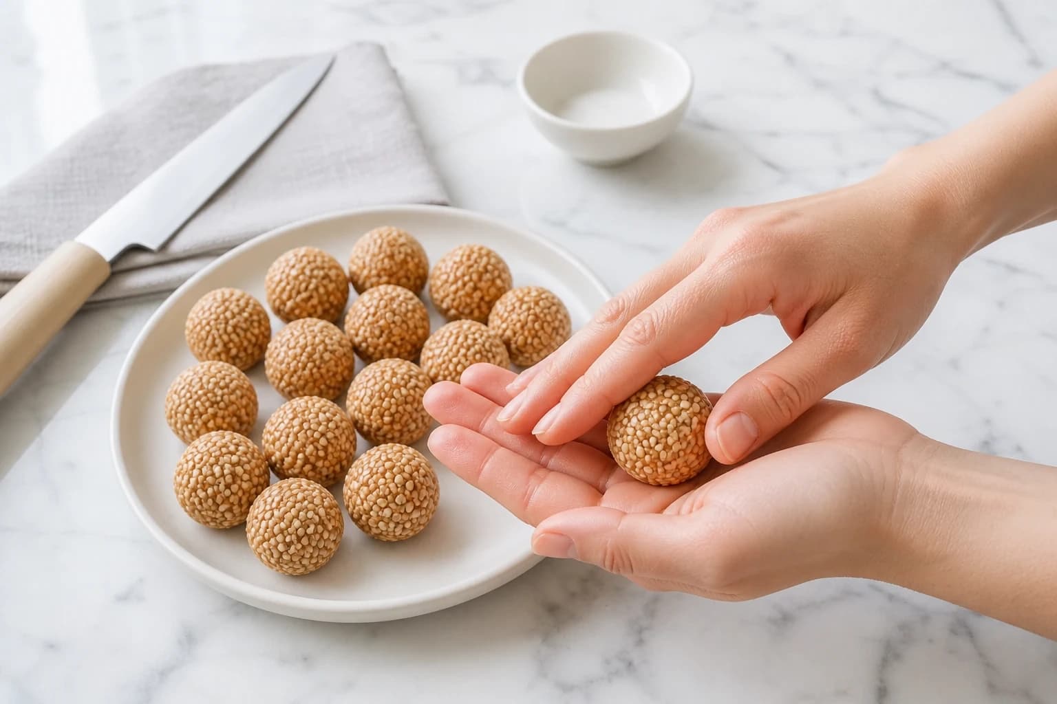 Une energy ball enrobée de graines de sésame posée au creux de la paume, à côté de l'assiette de billes déjà roulées