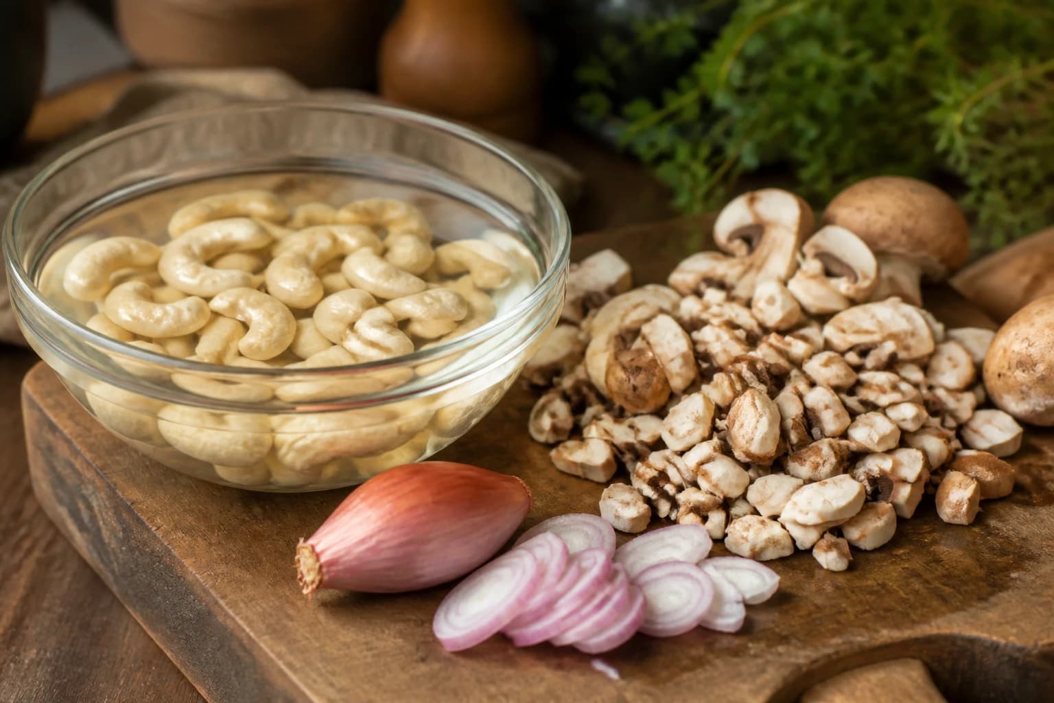 Noix de cajou trempées et champignons de Paris émincés sur un plan de travail