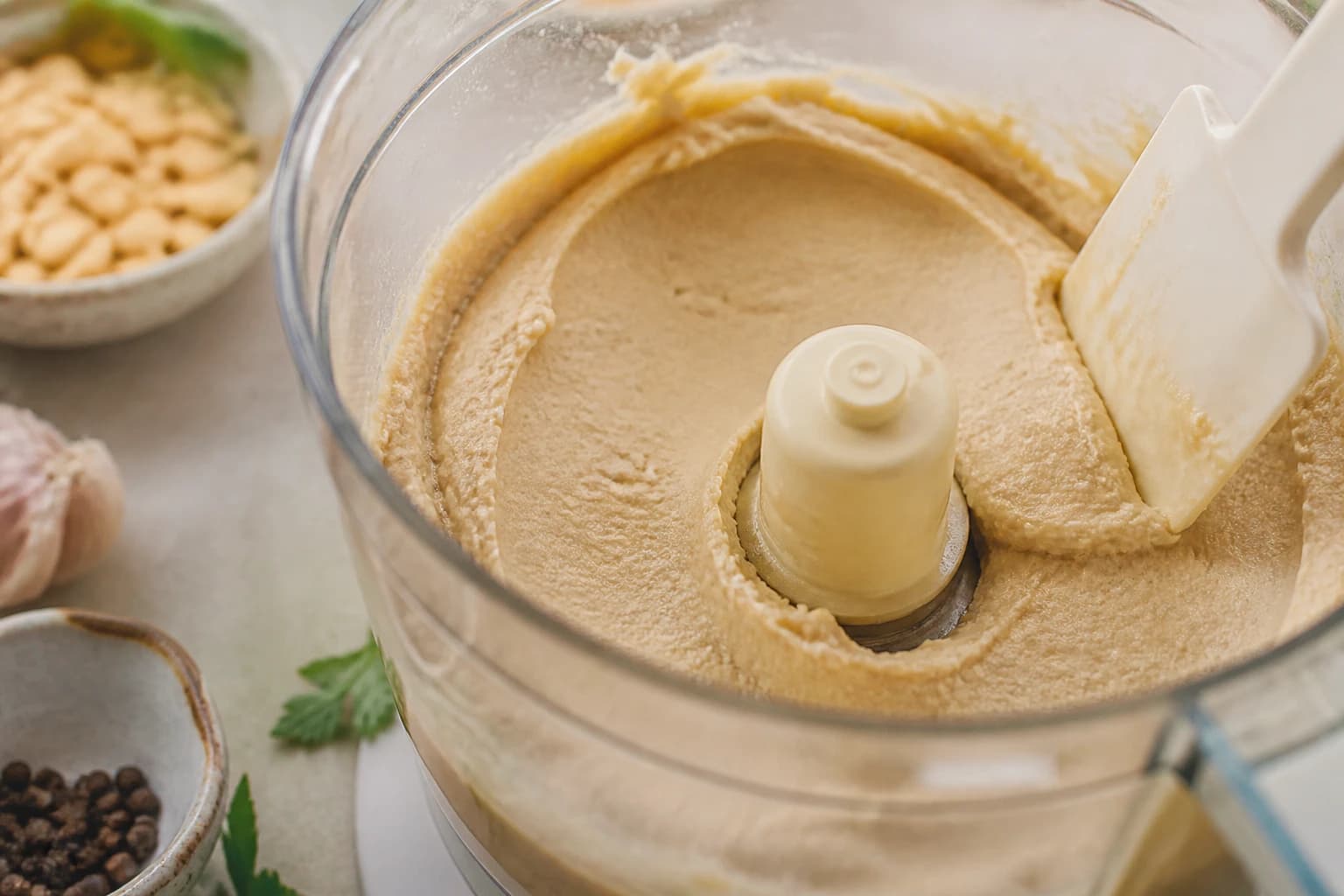 Préparation crémeuse de faux gras vegan mixée dans le bol du robot