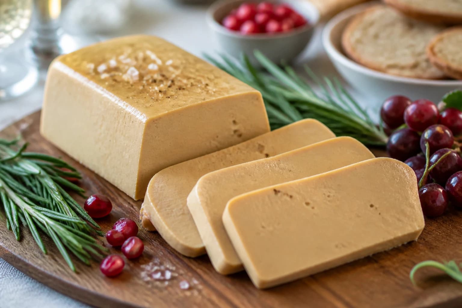 Terrine de faux gras vegan démoulée et tranchée sur une planche en bois
