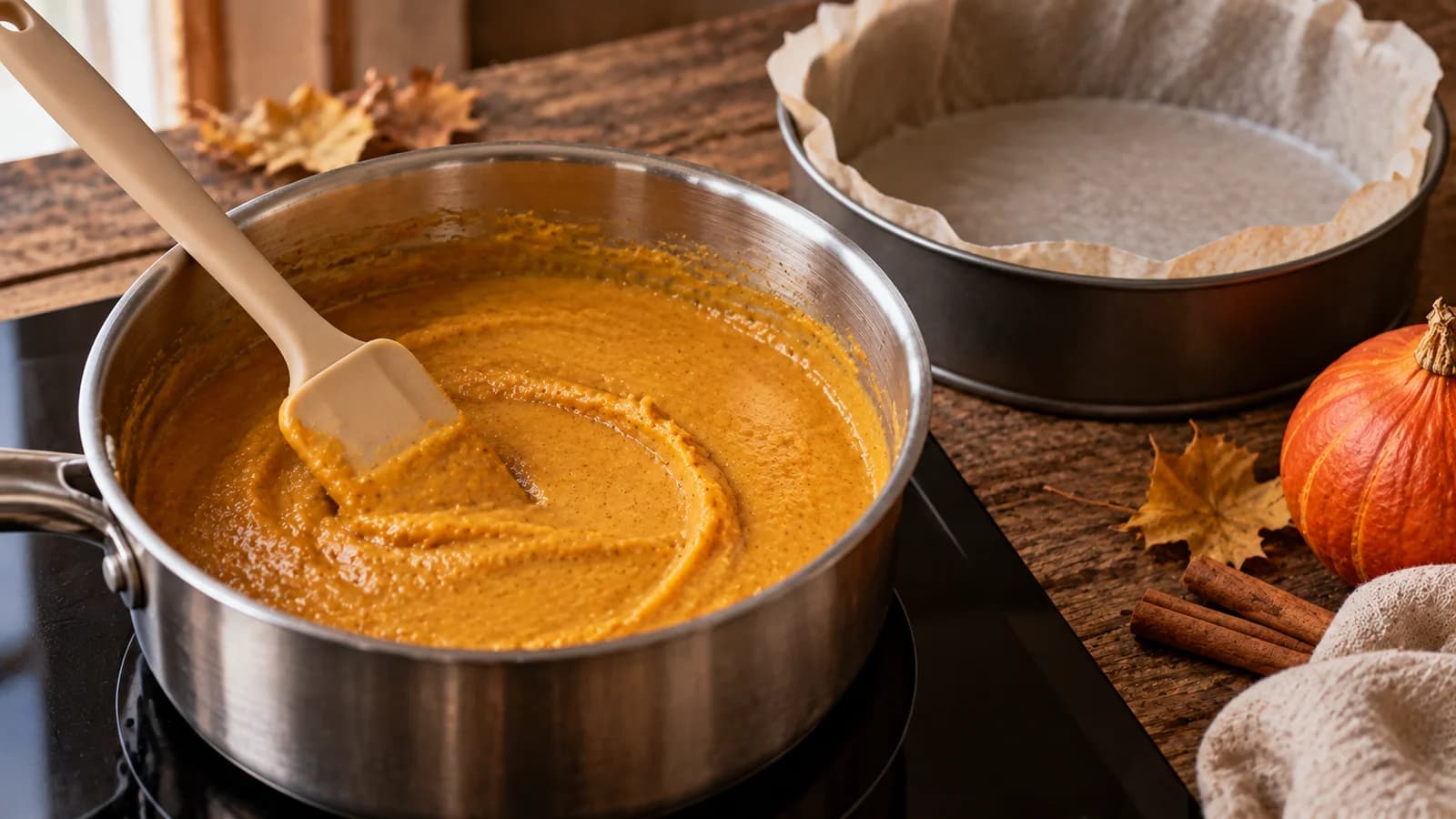 Appareil vegan au potimarron pré-épaissi dans une casserole, avec le sillon laissé par le fouet
