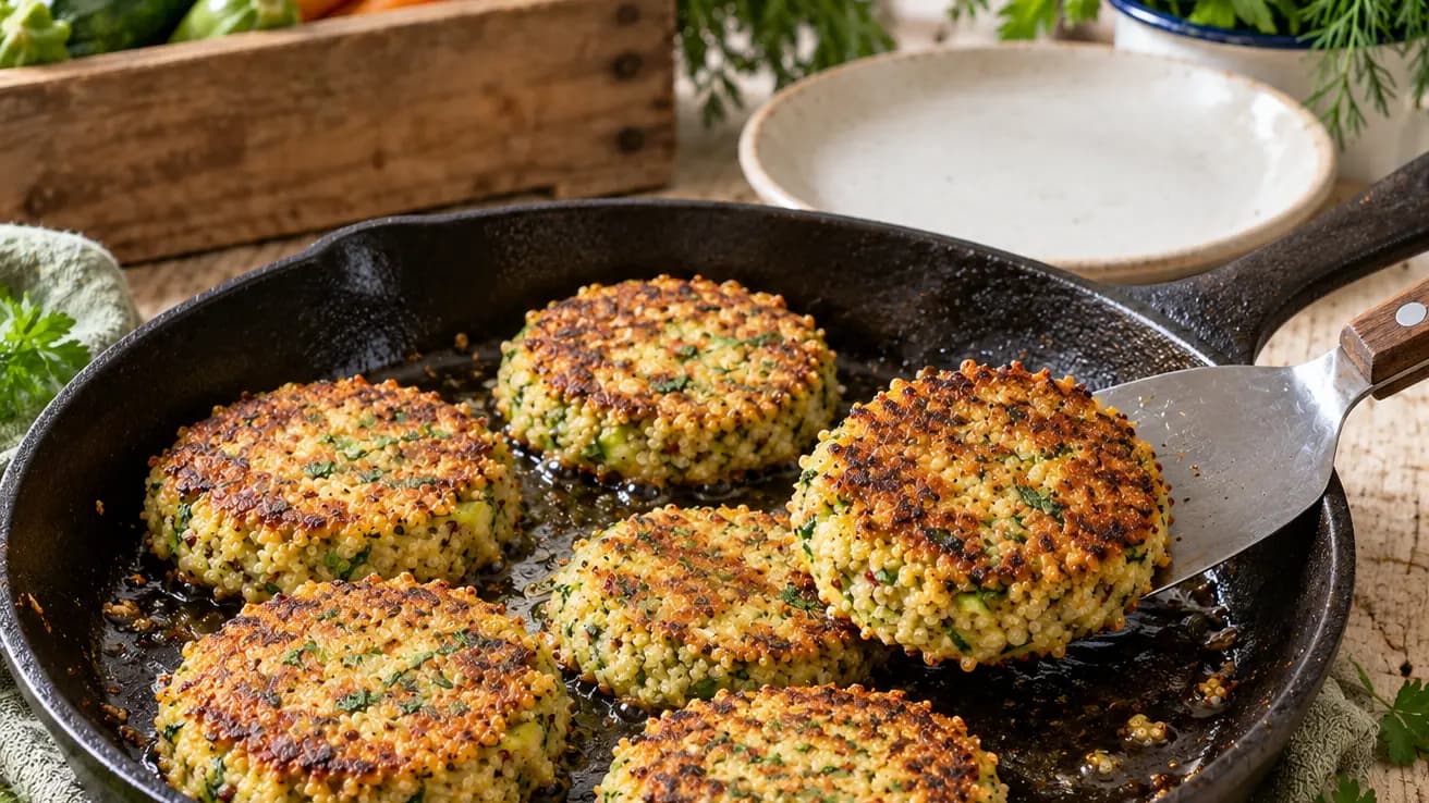 Huit galettes de quinoa et courgette crues, compactes et prêtes à cuire