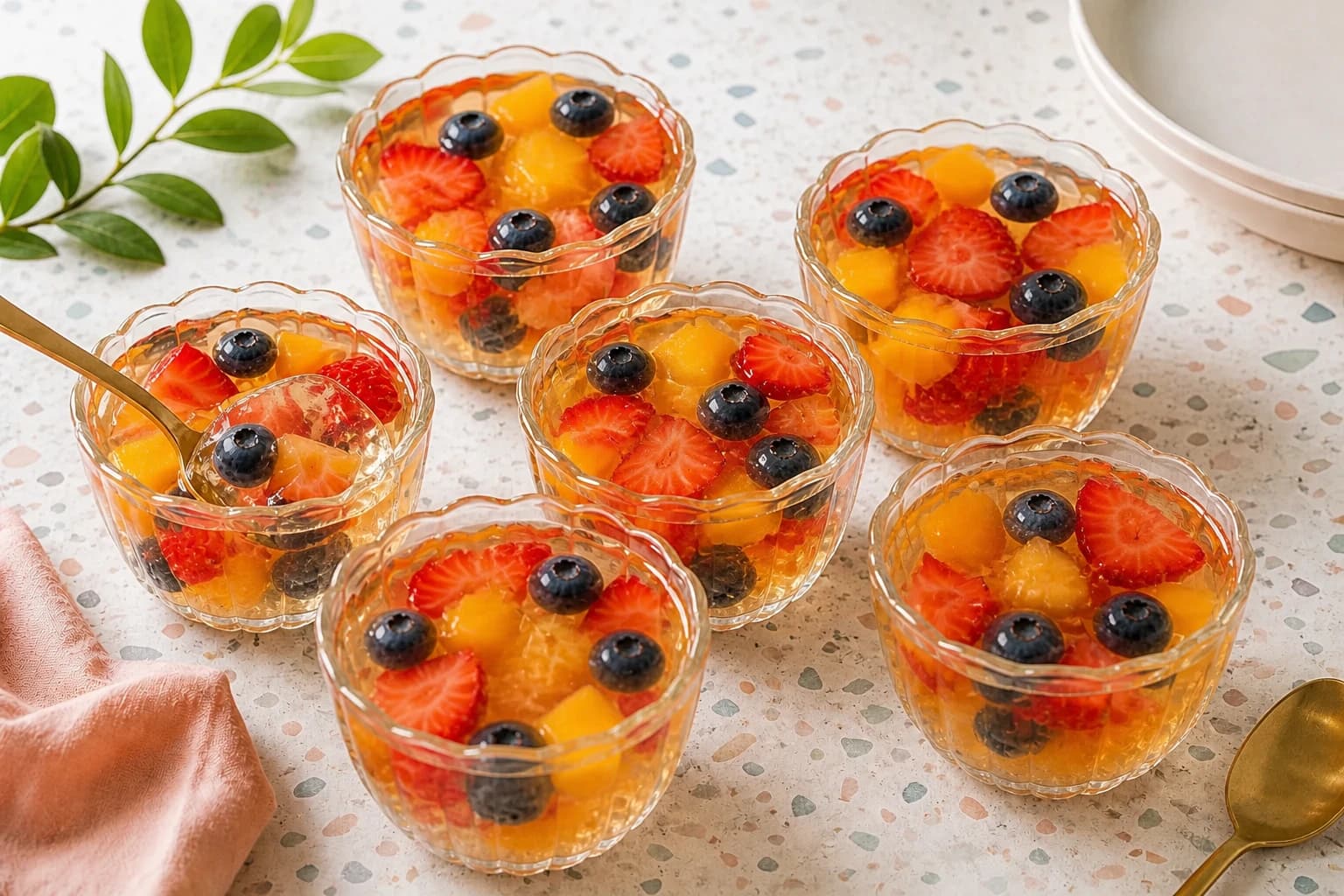 Fraises, pêche et myrtilles réparties dans six verrines