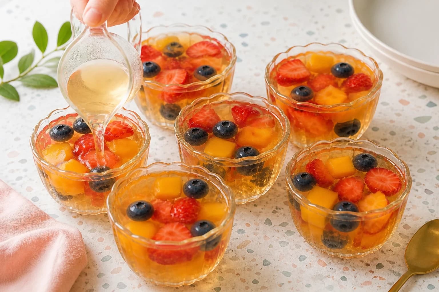 Gelée chaude versée sur les morceaux de fruits