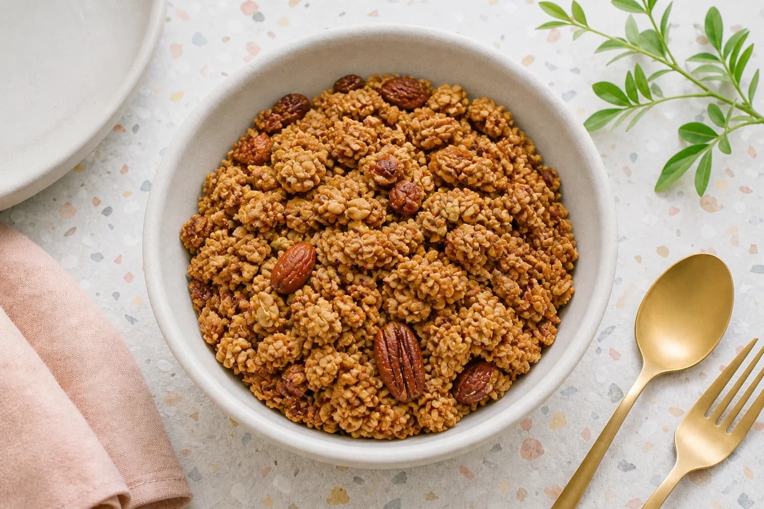Granola doré et croustillant en gros clusters juste sorti du four