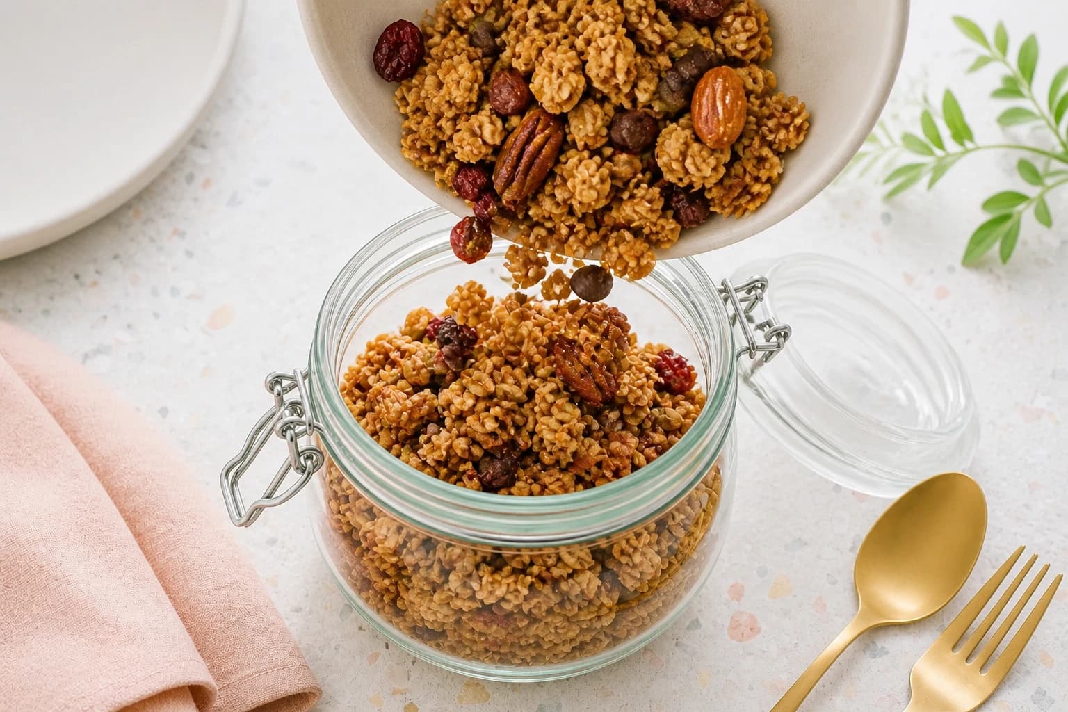 Granola croustillant en clusters versé dans un bocal en verre avec cranberries et chocolat