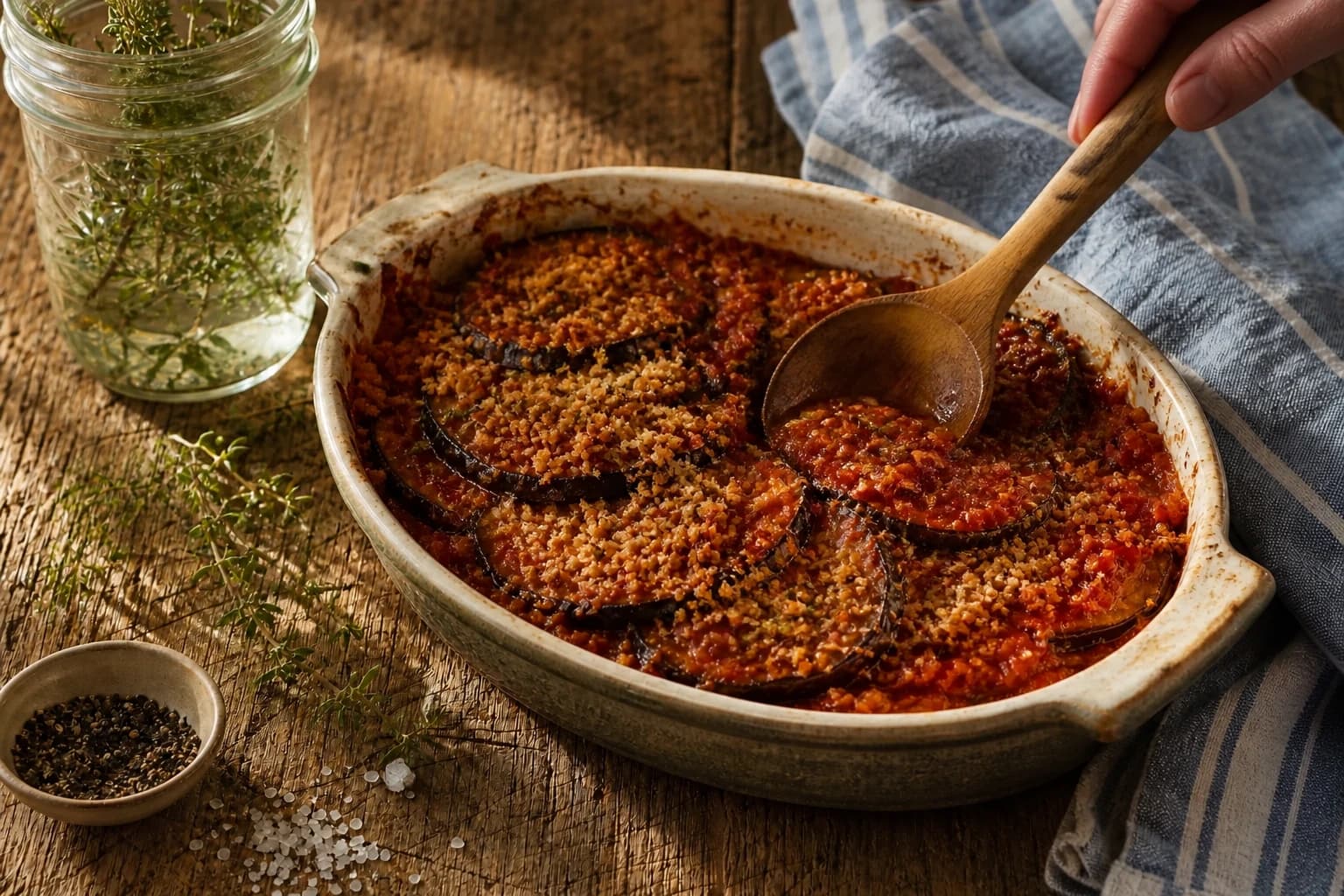 Sauce tomate qui mijote avec oignon et herbes dans une casserole