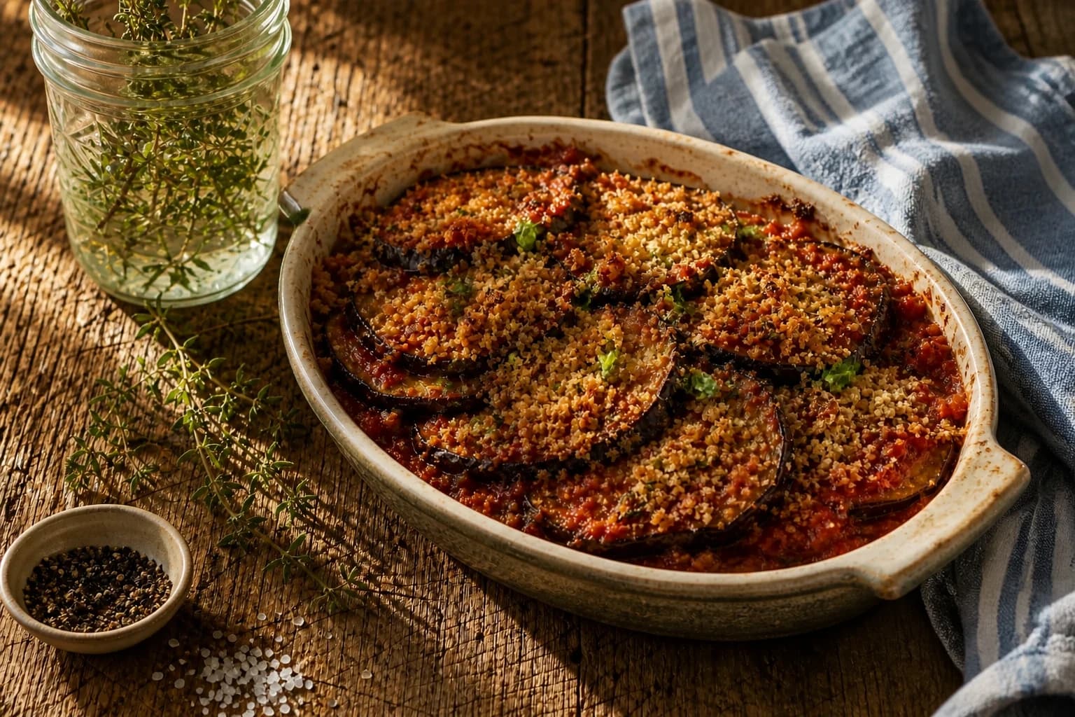 Gratin d'aubergines vegan doré et gratiné à la sortie du four