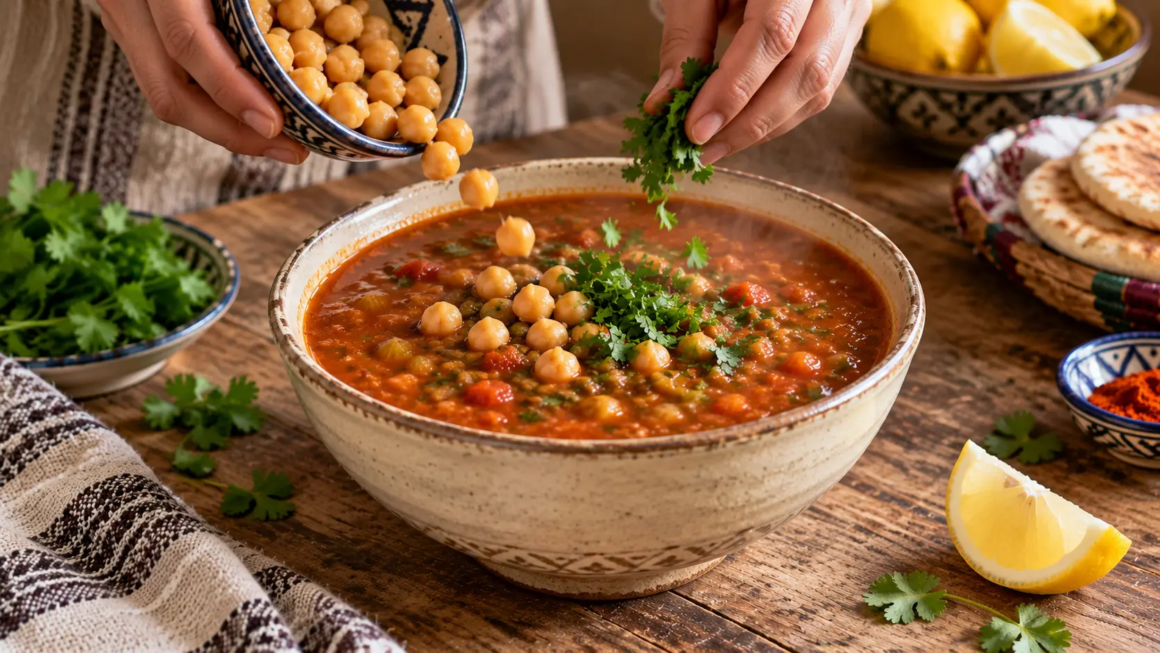 Pois chiches et coriandre ajoutés dans la harira vegan