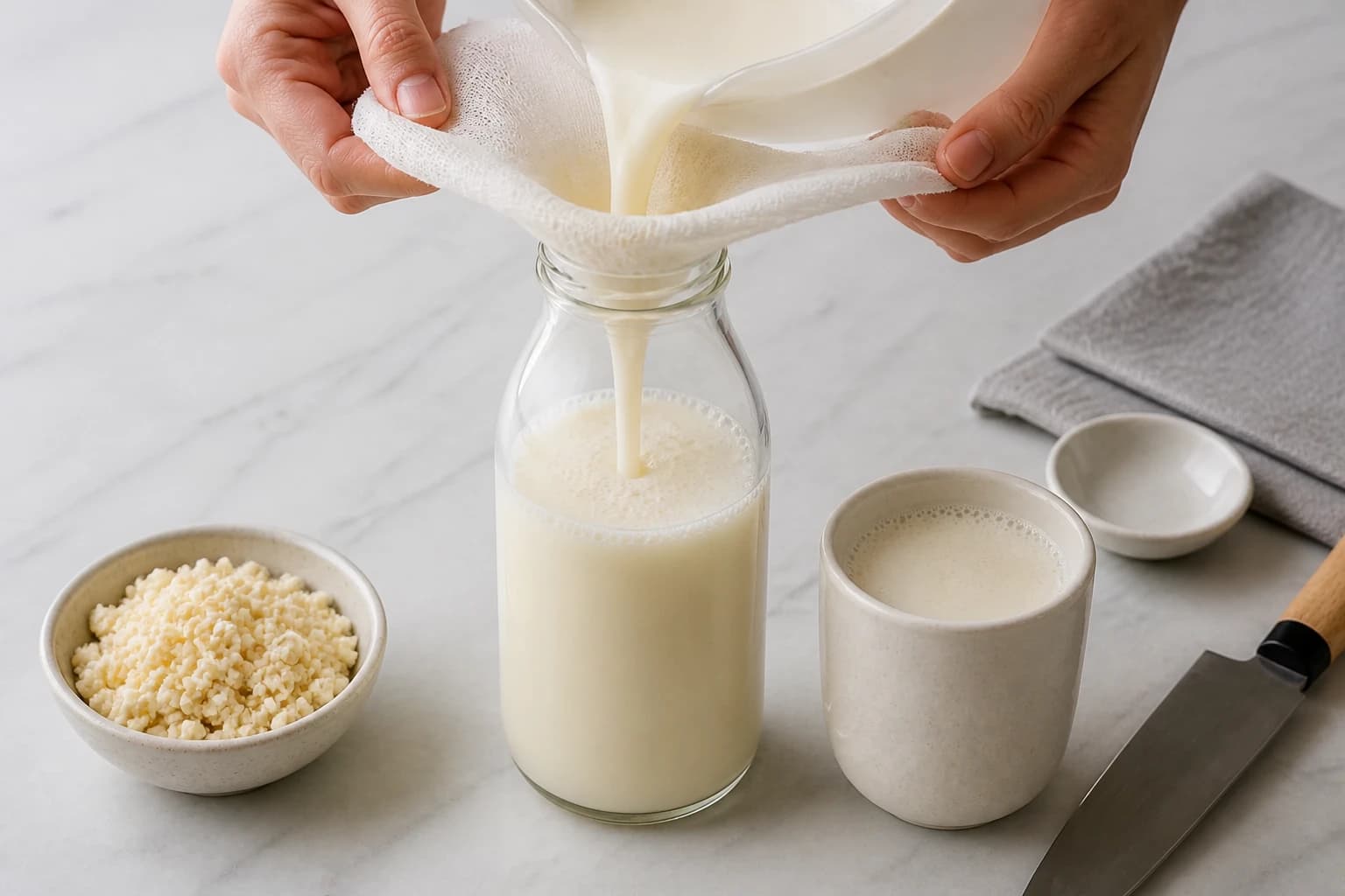 Lait de soja crémeux versé dans une bouteille en verre