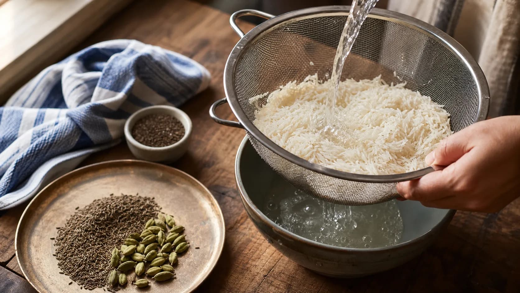 Riz basmati rincé sous un filet d'eau