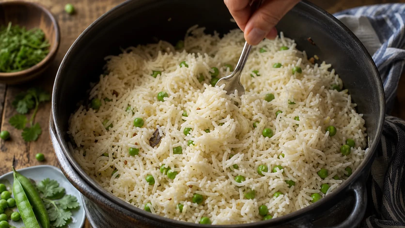 Matar pulao aéré à la fourchette
