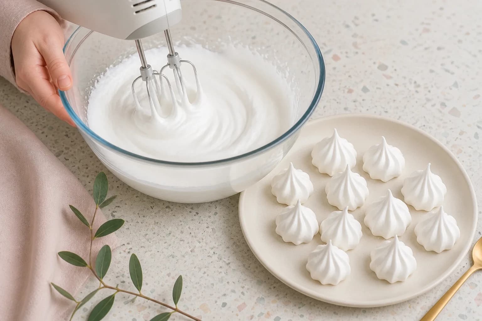 Aquafaba fouetté en pics fermes et brillants dans un bol