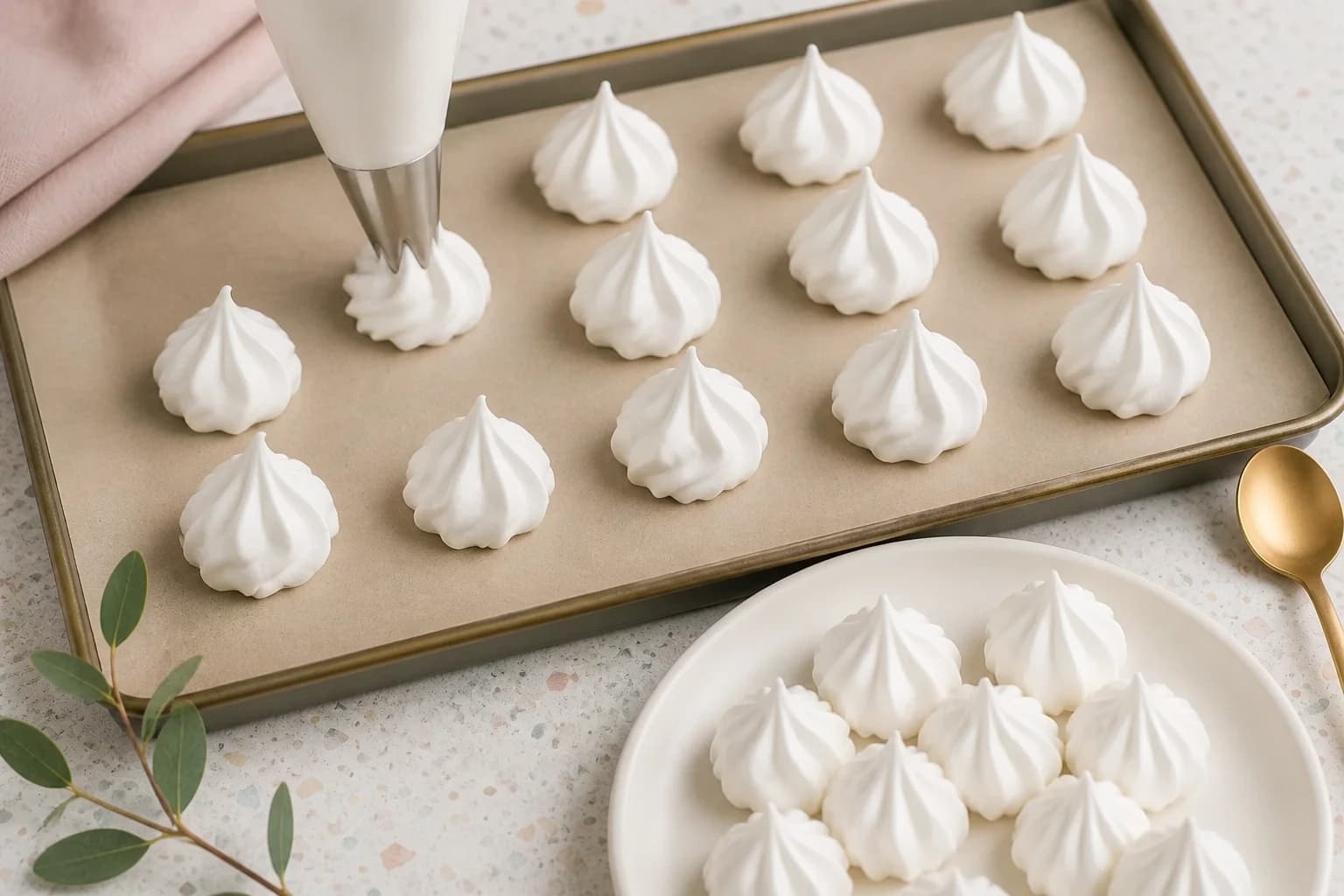 Meringues vegan dressées à la poche à douille sur une plaque de papier cuisson