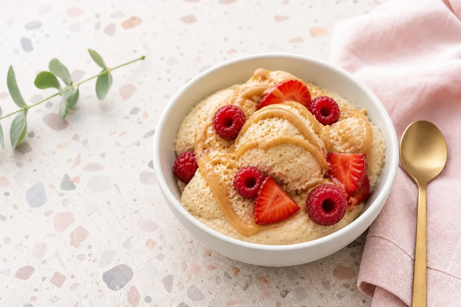 Nice cream banane servie en bol avec un filet de purée de noisettes et des fruits rouges