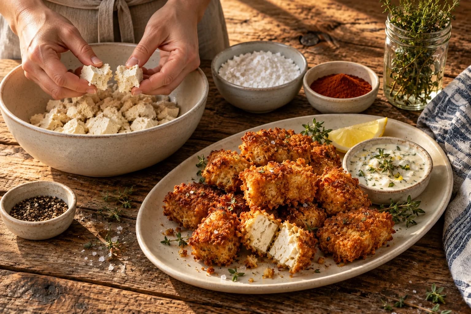 Tofu ferme déchiré en morceaux irréguliers avant marinade