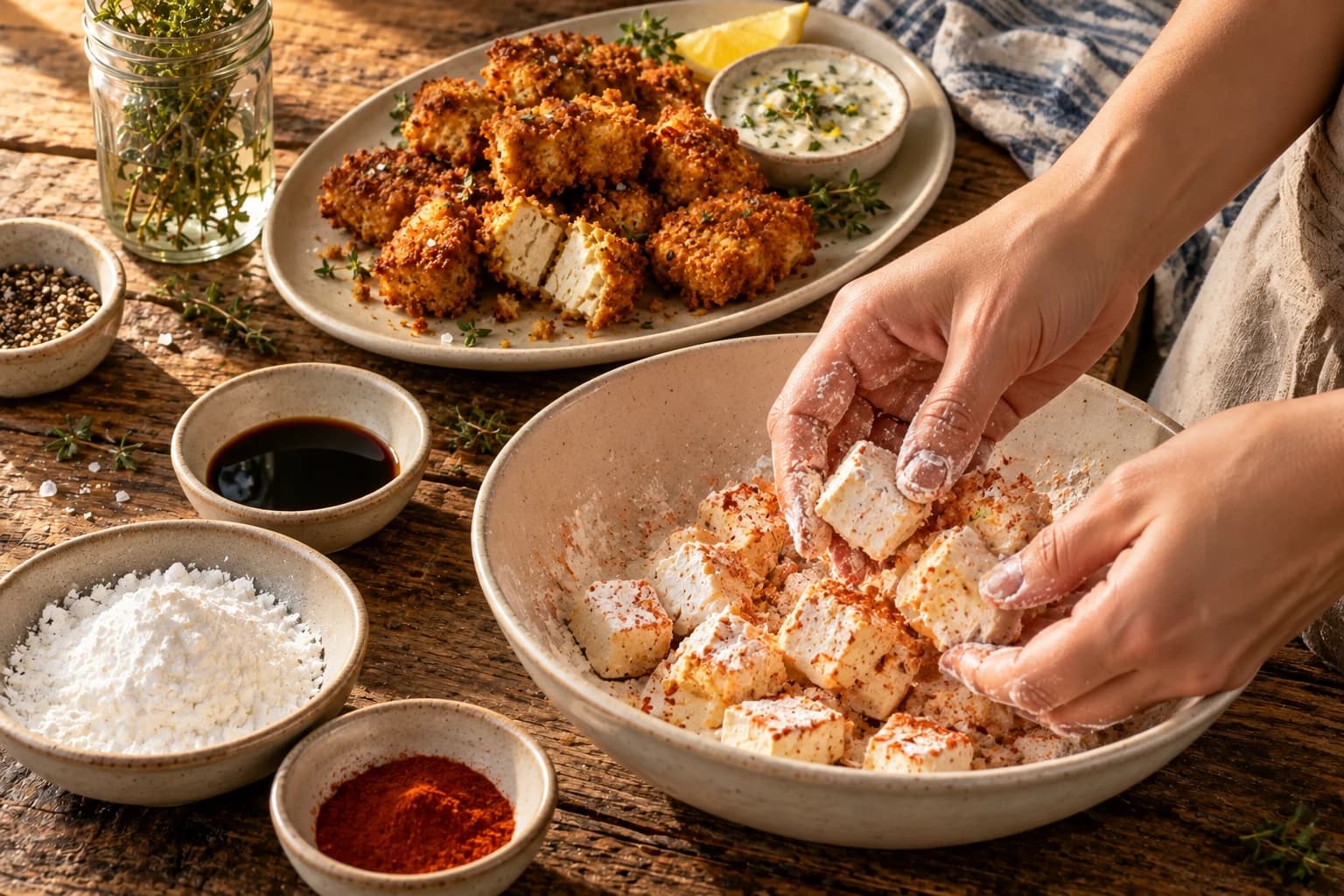 Morceaux de tofu enrobés de fécule de pomme de terre et paprika