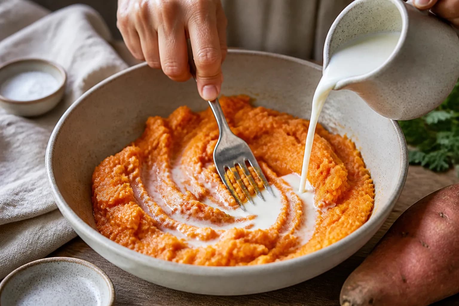 Parmentier de patate douce en cours de préparation