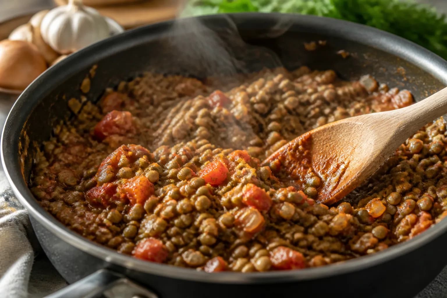 Farce de lentilles aux épices dans la poêle