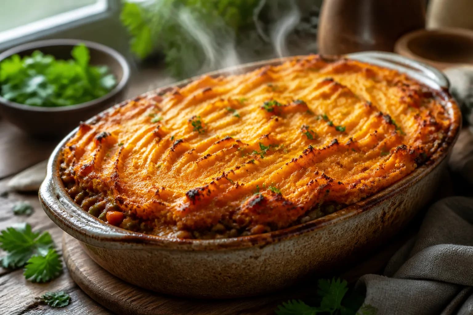 Parmentier de patate douce sorti du four, doré et fumant