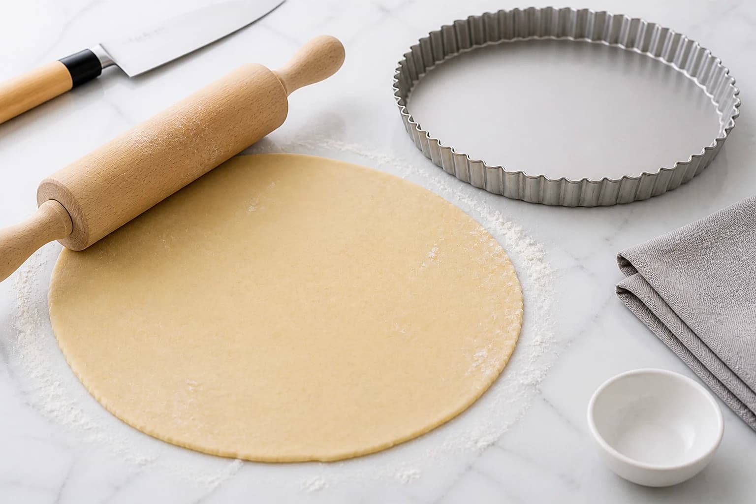 Pâte brisée vegan étalée au rouleau et foncée dans un moule à tarte