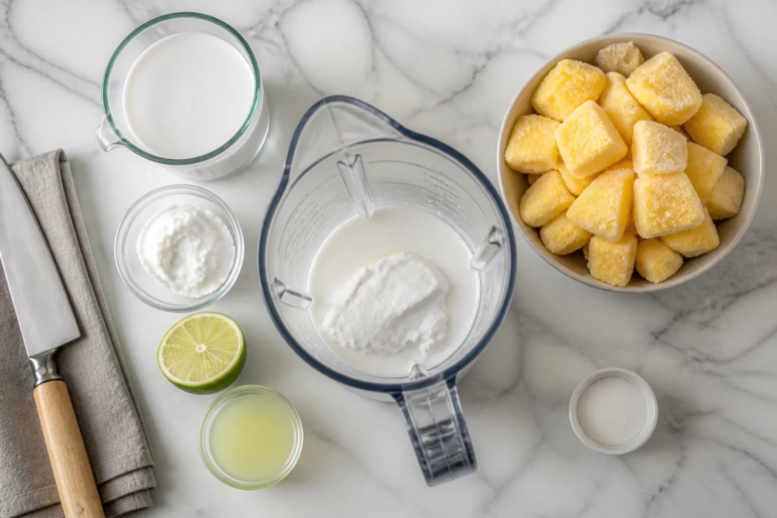 Lait de coco, crème de coco et citron vert versés dans le blender