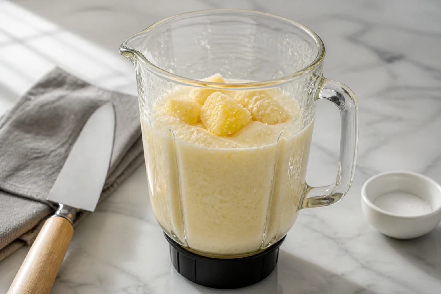 Ananas surgelé mixé avec le lait et la crème de coco