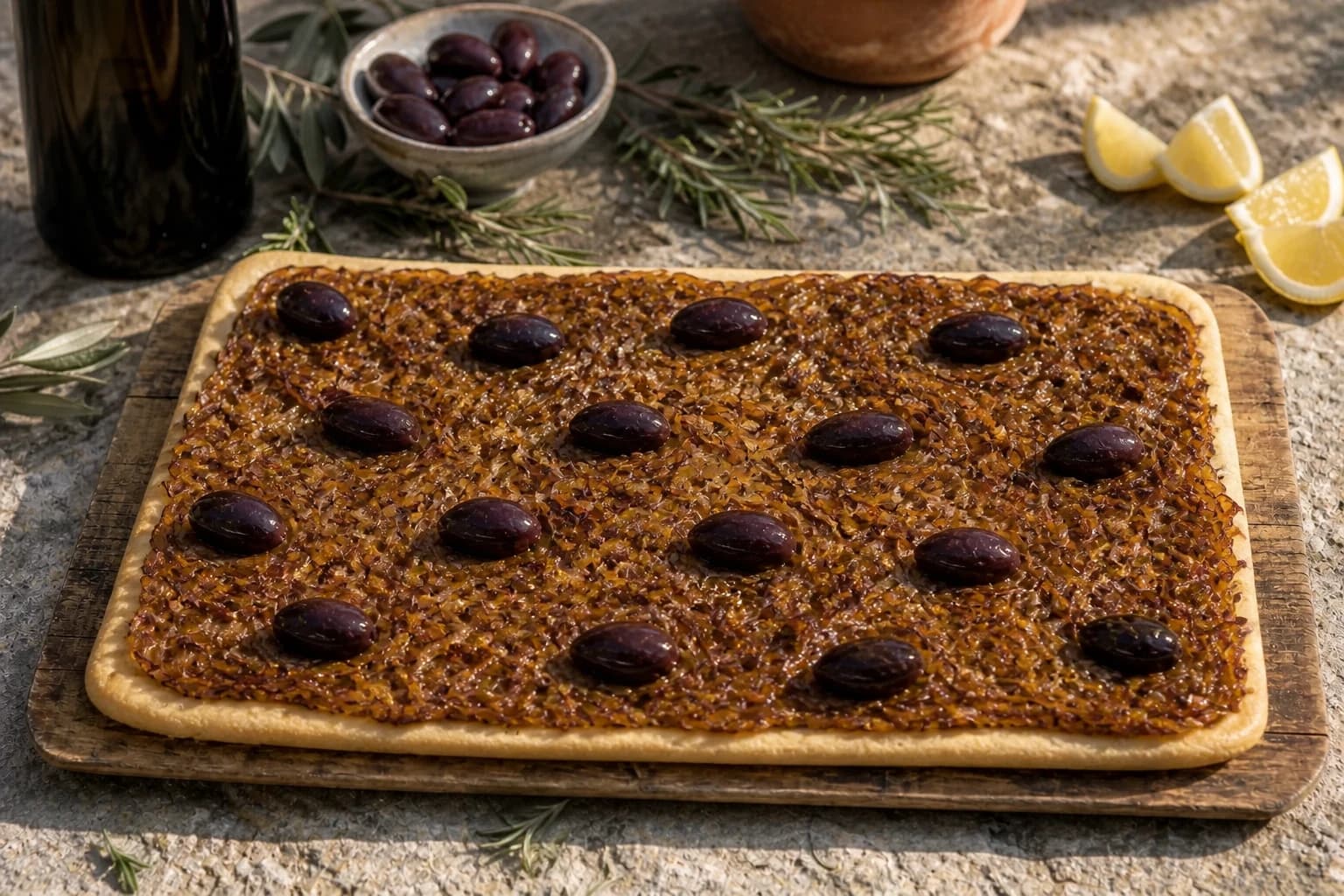 Pâte à pain étalée et garnie d'oignons confits sur la plaque