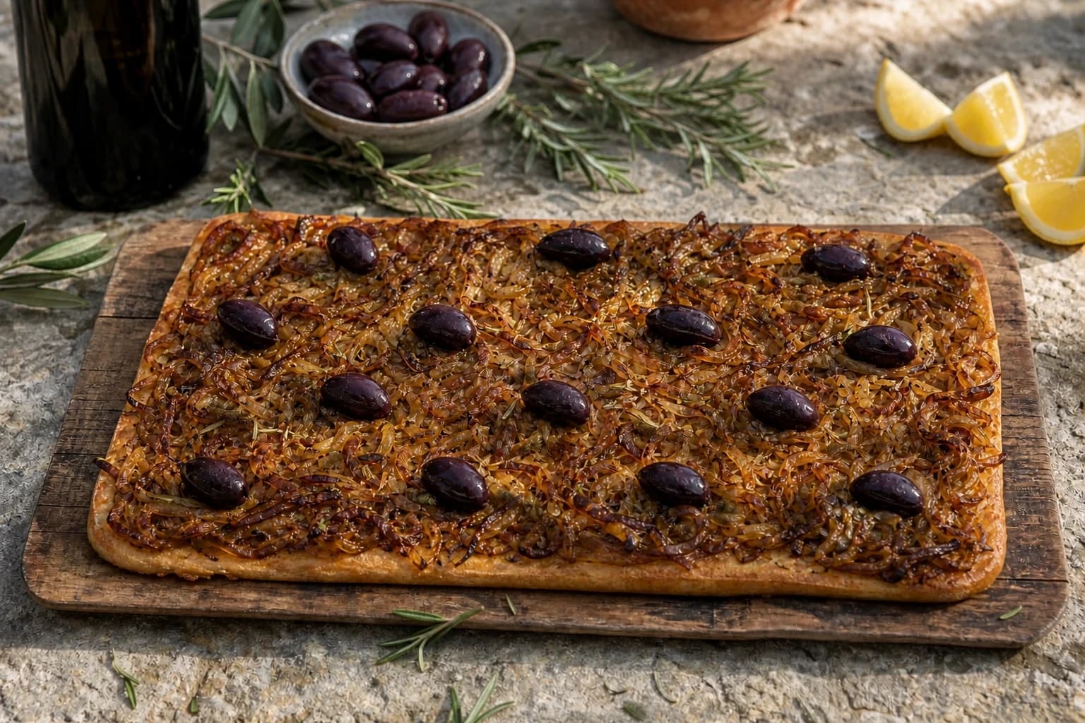 Pissaladière vegan dorée garnie d'olives noires et de câpres