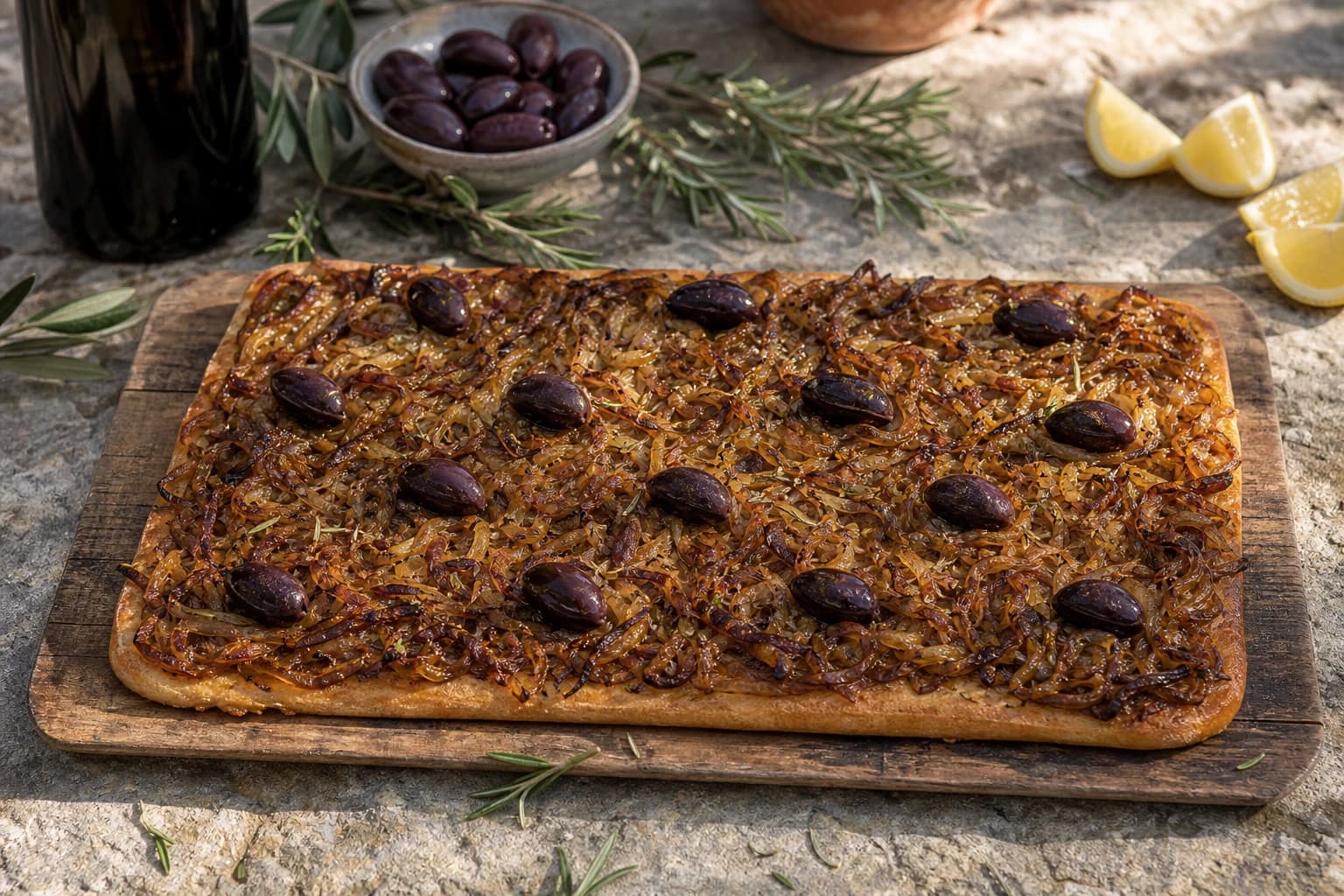 Pissaladière vegan : oignons confits et tapenade niçoise