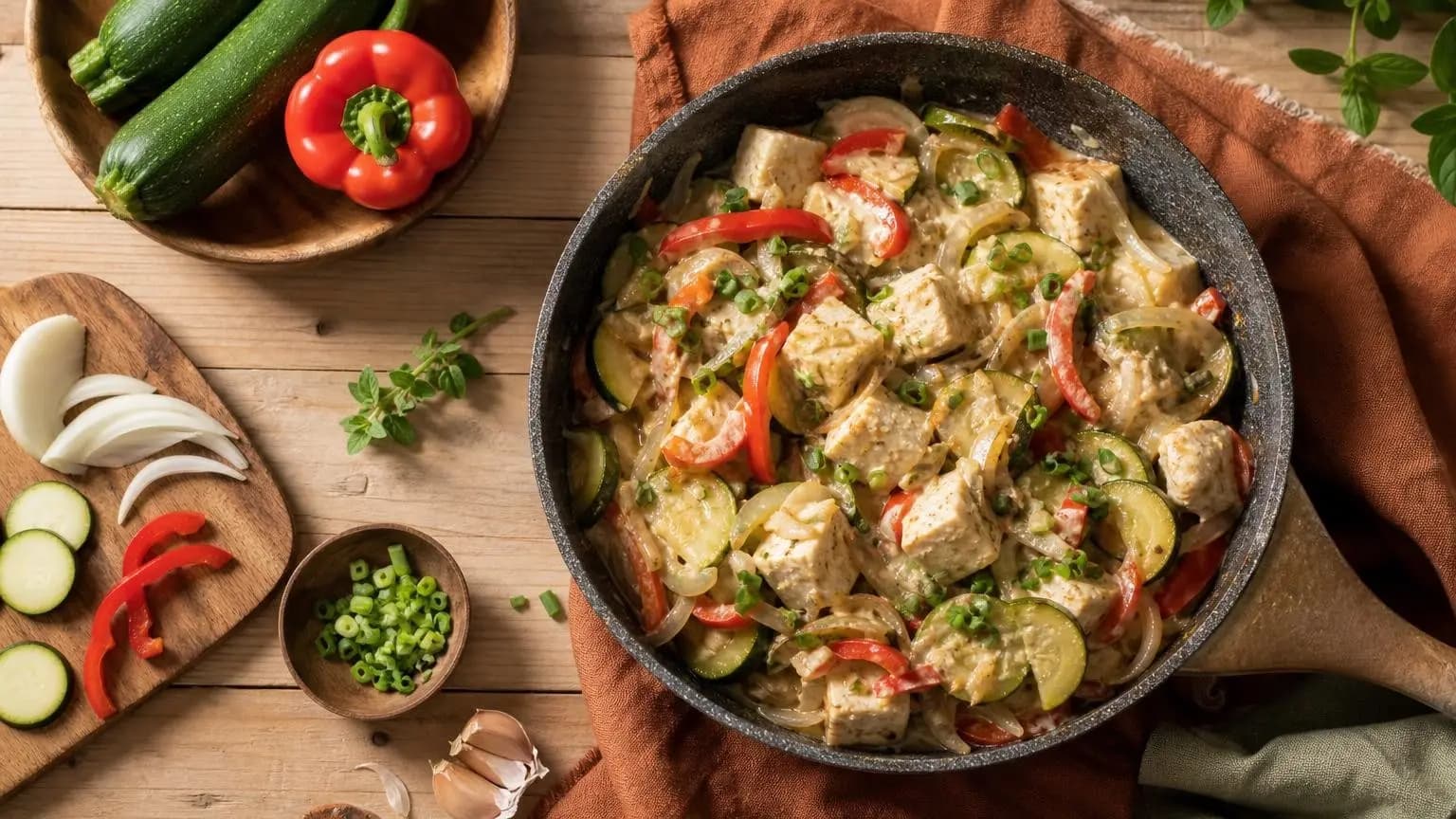 Poêlée de légumes au tofu soyeux : recette crémeuse