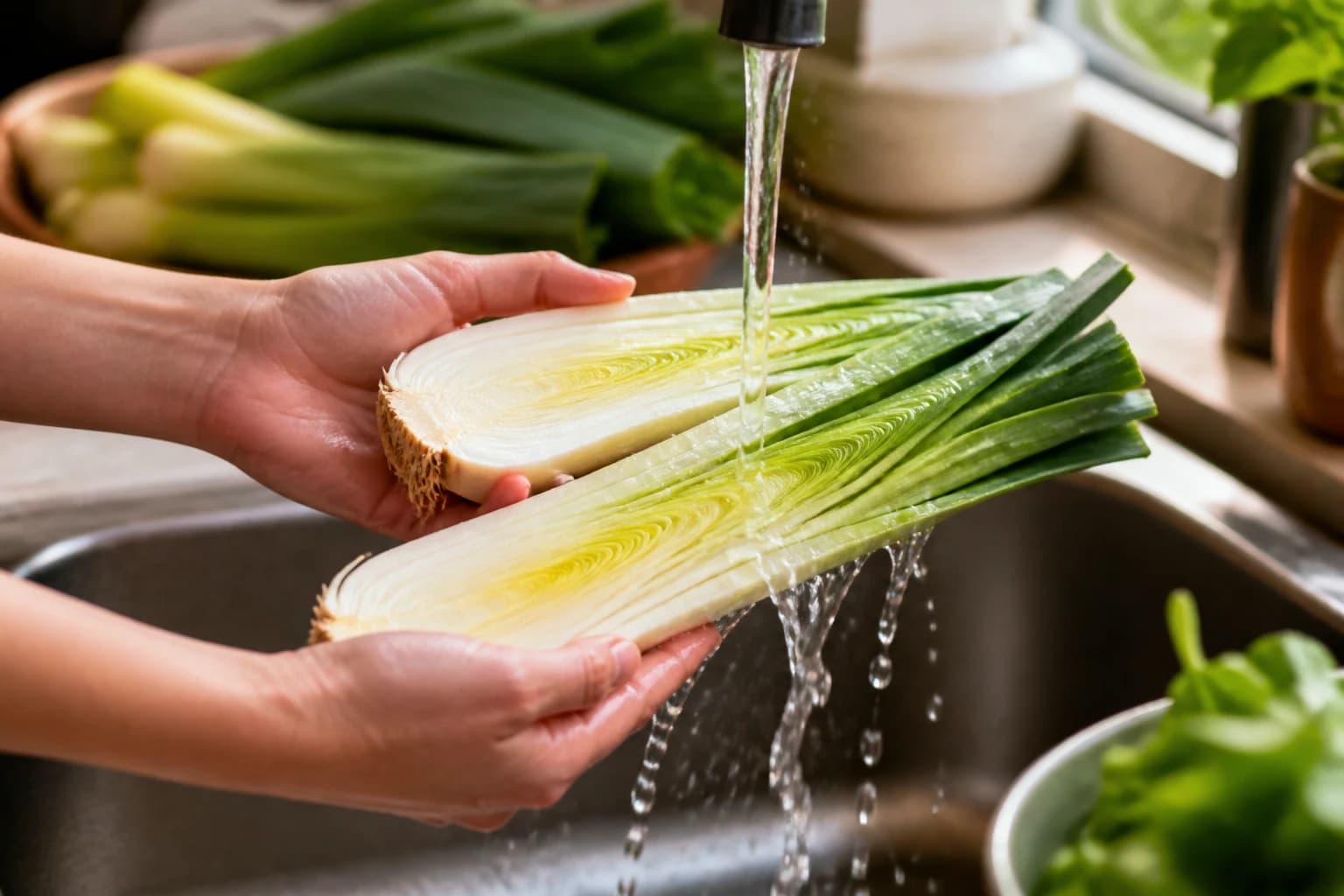 Poireaux fendus en deux et rincés sous l'eau froide avant cuisson
