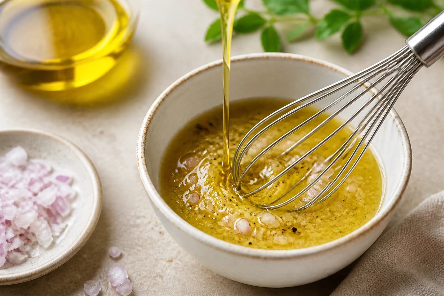 Vinaigrette à la moutarde fouettée avec l'huile d'olive et l'échalote ciselée