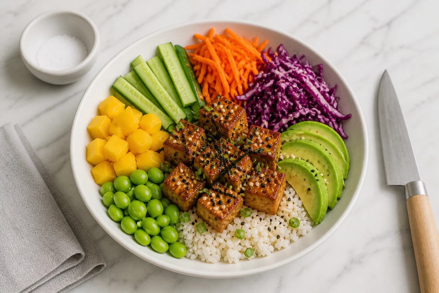 Légumes et fruits frais taillés pour le poke bowl vegan