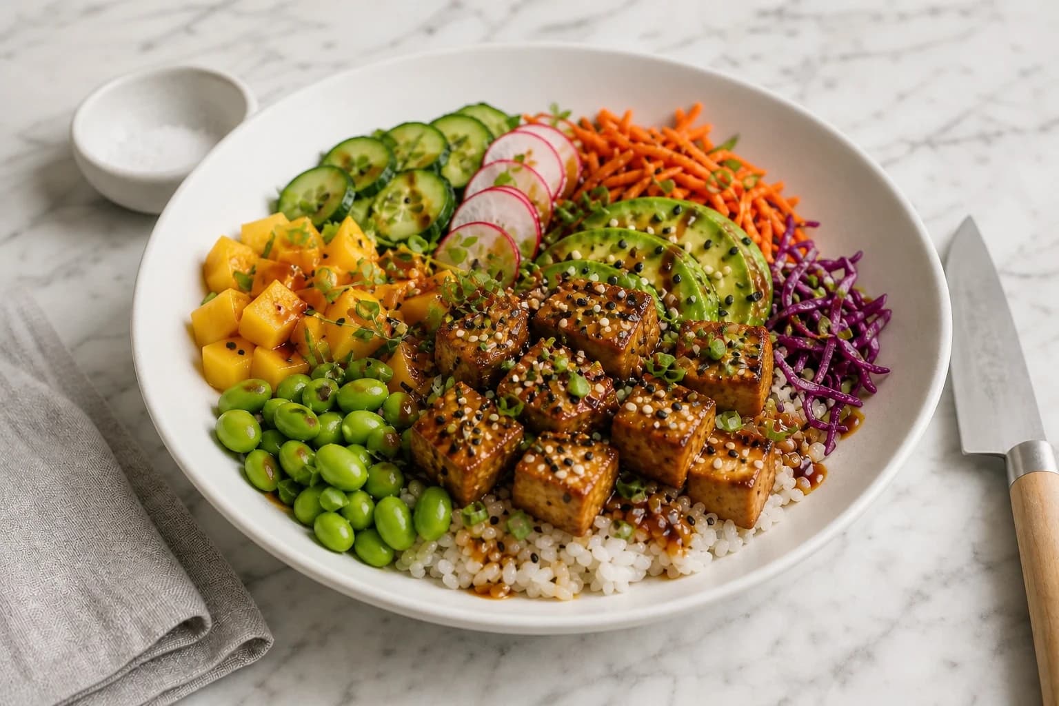 Poke bowl vegan assemblé, arrosé de sauce et parsemé de sésame