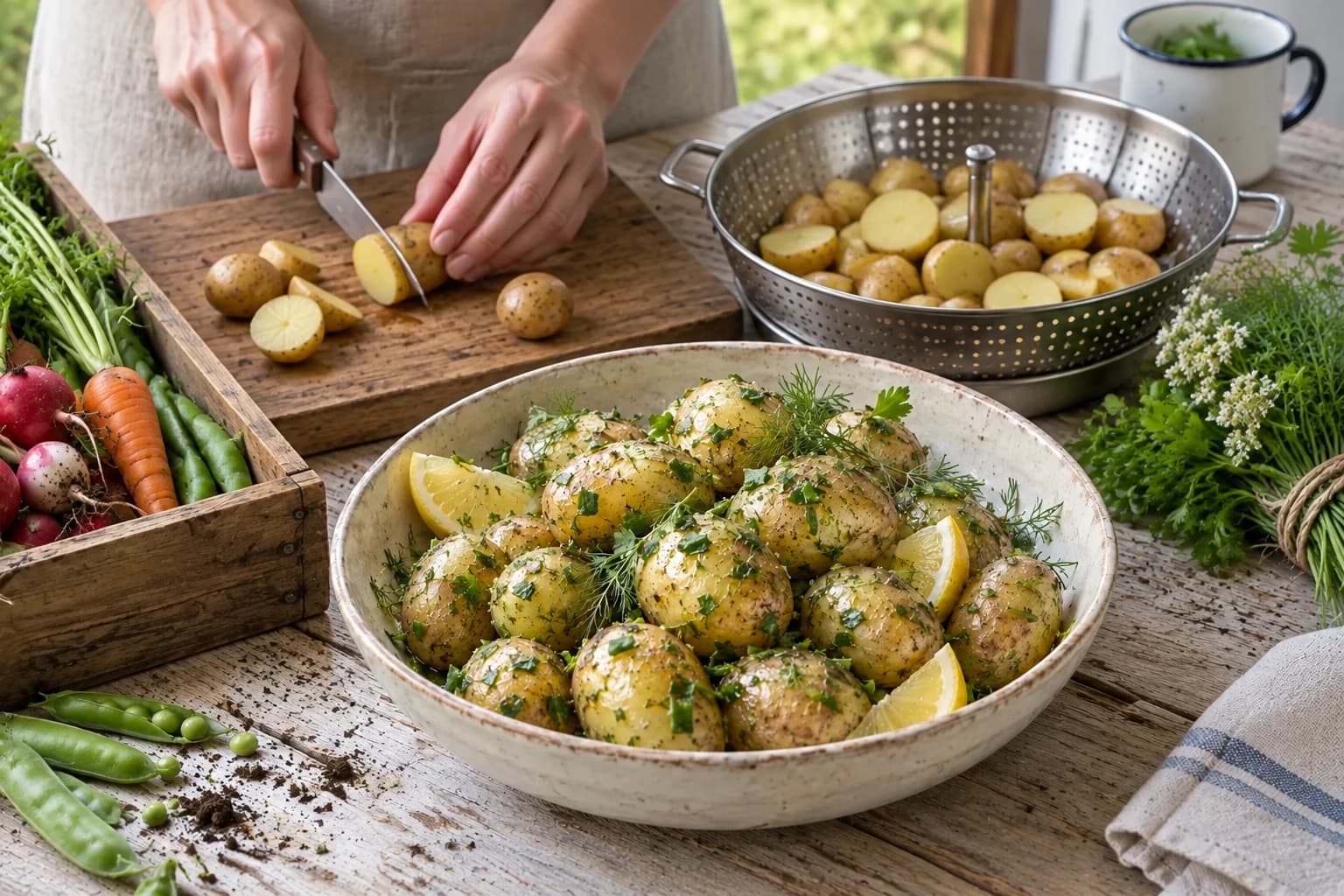 Pommes de terre brossées et calibrées dans un panier vapeur