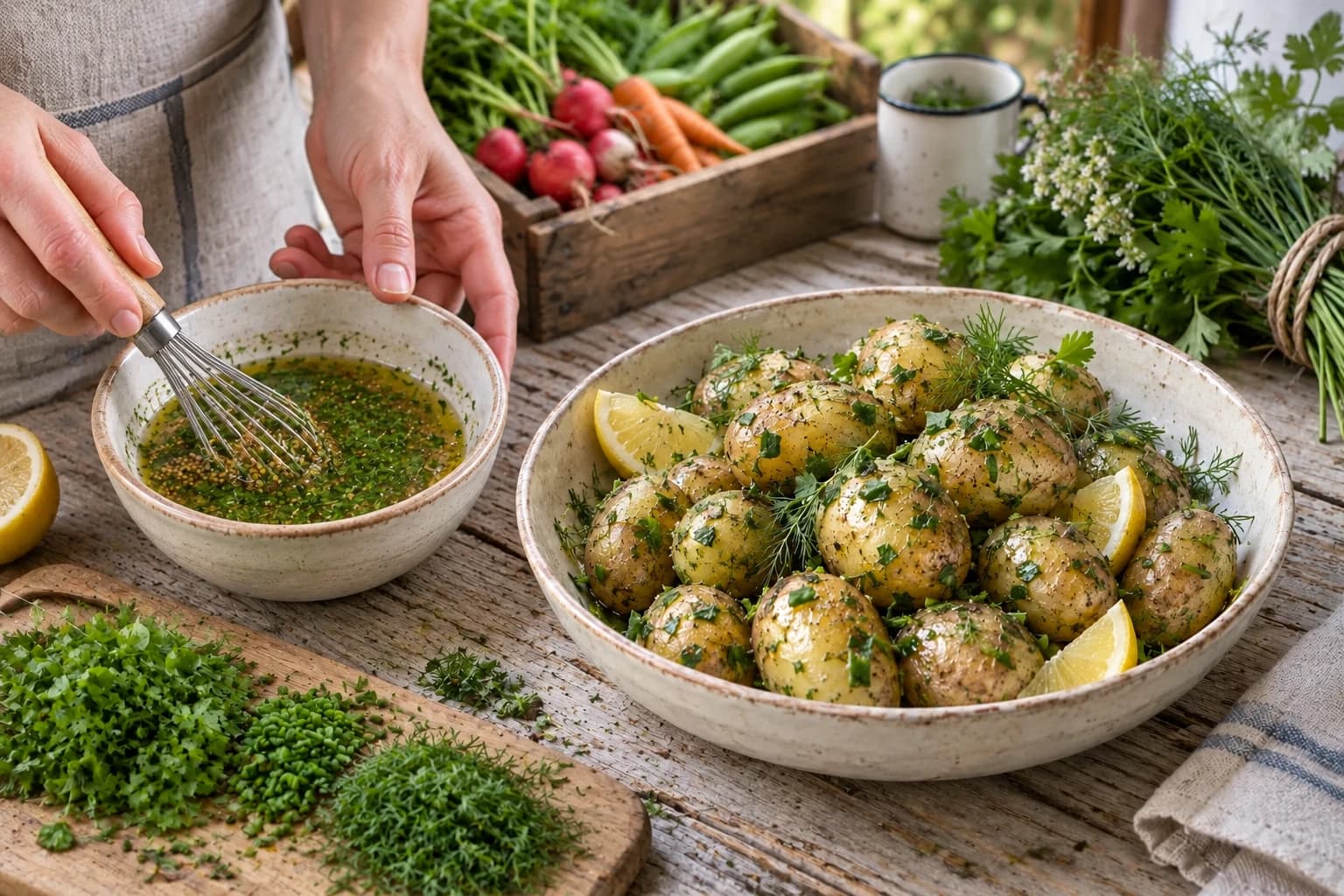 Sauce vegan à la moutarde et aux herbes fraîches fouettée dans un bol