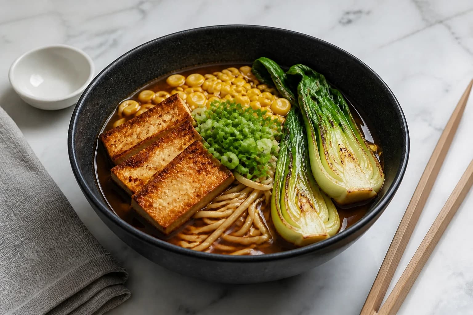 Tranches de tofu fumé qui dorent dans une poêle avec de l'huile de sésame