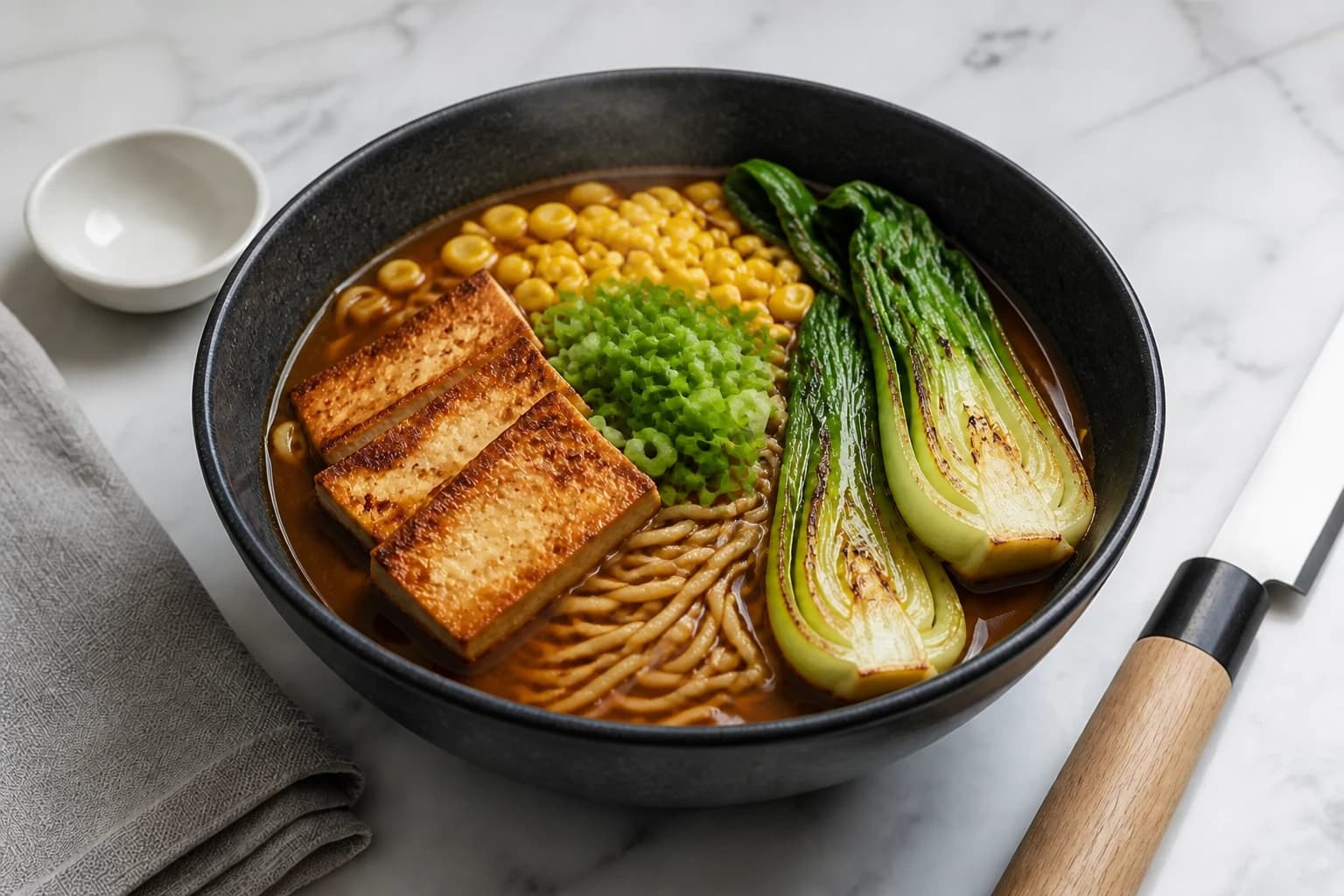 Bol de ramen vegan monté avec tofu doré, pak choï, maïs doux et ciboule