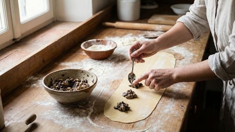 Façonnage à la main des raviolis vegan avec la farce disposée sur la pâte fraîche.