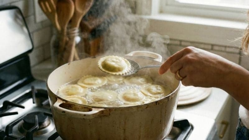 Cuisson des raviolis vegan maison qui flottent à la surface d'une casserole d'eau bouillante.