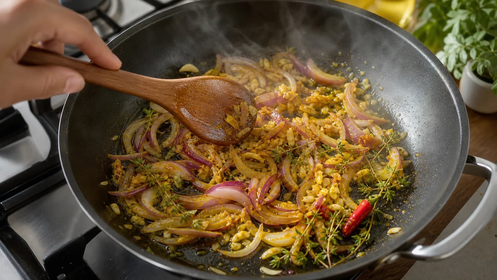 Oignons rouges gingembre ail et épices en cuisson