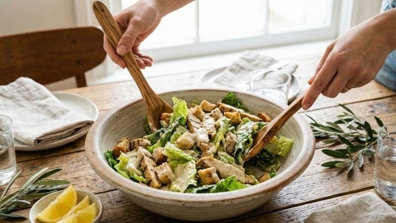 Une femme mélangeant une grande salade césar vegan prête à servir.