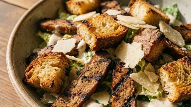 Gros plan sur les croûtons et le faux-poulet d'une salade césar vegan.